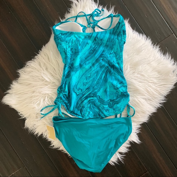 Michael Kors Teal Water Marble Logo Ring Tankini - Picture 2 of 14
